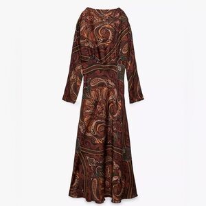 Zara Long Sleeve Paisley Dress in Brown and Orange